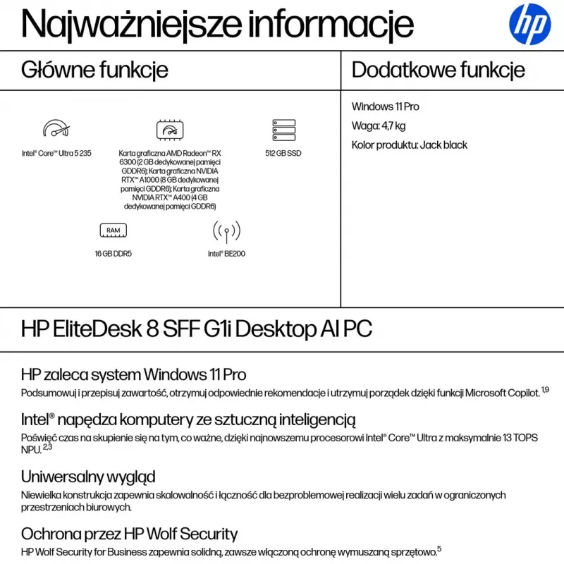 HP EliteDesk 8 SFF G1i PC desktop, Intel Core Ultra 5 235, 16 GB RAM, 512 GB SSD, Windows 11 Pro, 3 anni di garanzia