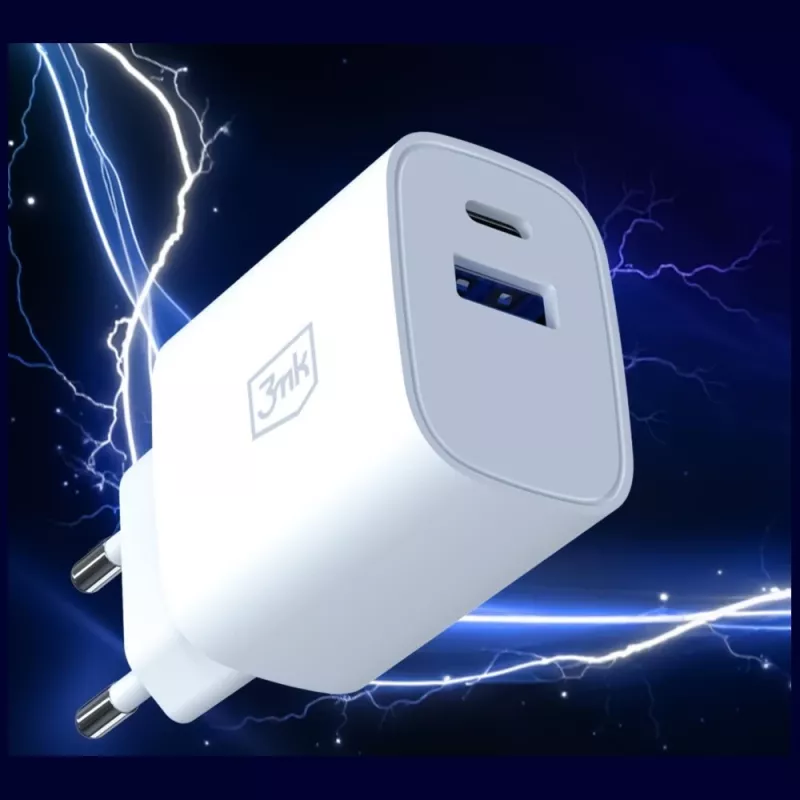 3MK FlowPower 30W USB-A USB-C PD 3.0 QC 4+ Caricabatterie da Parete Bianco