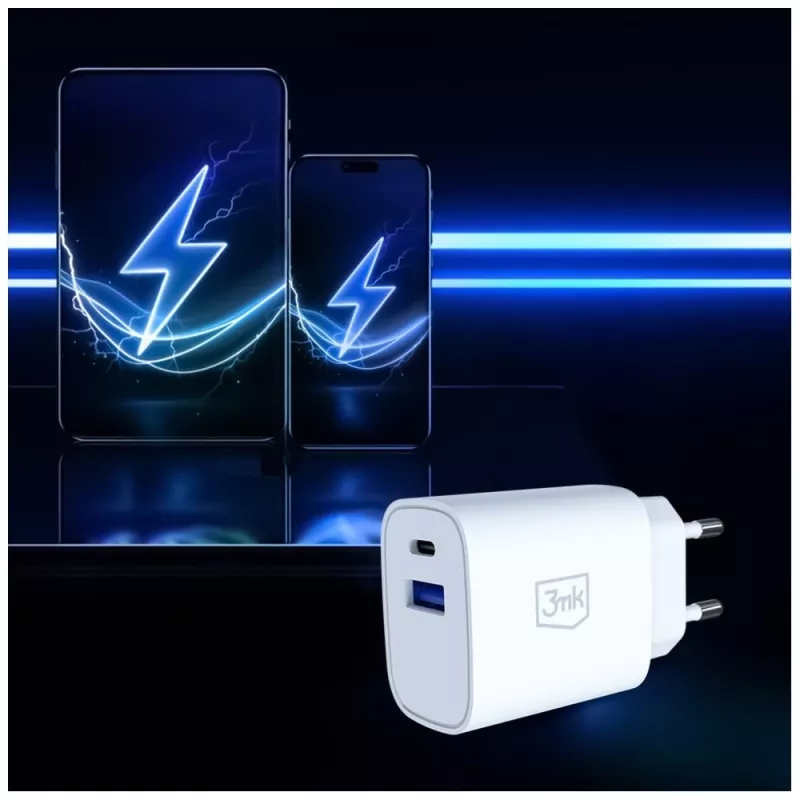 3MK FlowPower 30W USB-A USB-C PD 3.0 QC 4+ Caricabatterie da Parete Bianco