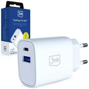 3MK FlowPower 30W USB-A USB-C PD 3.0 QC 4+ Caricabatterie da Parete Bianco