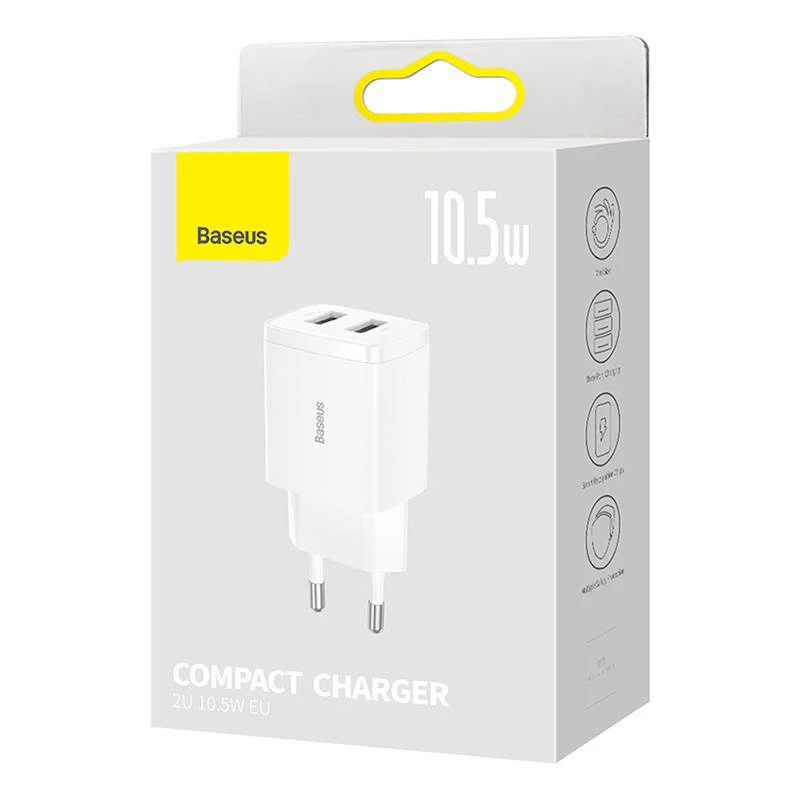 Baseus Caricabatterie universale compatto bianco AC da interno 10,5W 2 porte USB-A