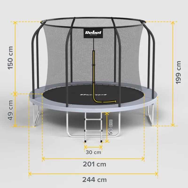 REBEL Active trampolino PRO 8ft/244cm con rete di sicurezza e scaletta