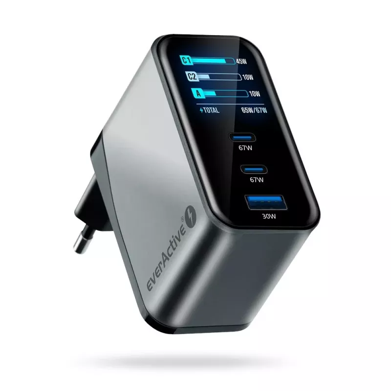 EVERACTIVE SC-670Q caricabatterie GaN 67W USB-C con 2x USB-C e 1x USB-A, Quick Charge 4+, PD 3.0, nero