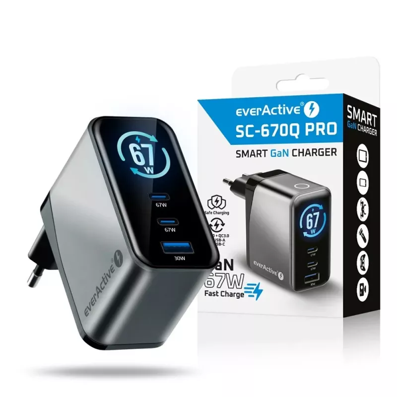 EVERACTIVE SC-670Q caricabatterie GaN 67W USB-C con 2x USB-C e 1x USB-A, Quick Charge 4+, PD 3.0, nero