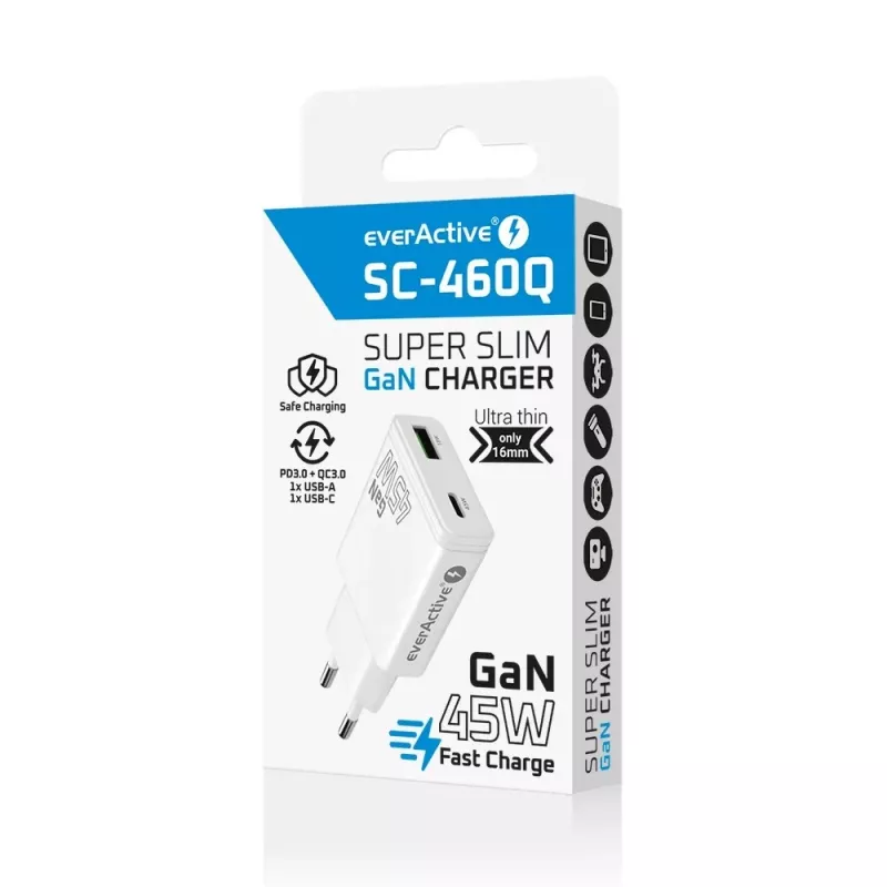EVERACTIVE caricabatterie da parete GaN QC3.0 45W USB-C SC-460Q bianco