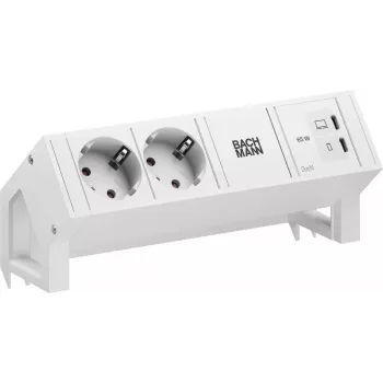 Bachmann DESK2 Pure White modulo di alimentazione da scrivania con 2x prese Schuko e 65W USB-C PD, cavo 0,2 m, RAL 9010