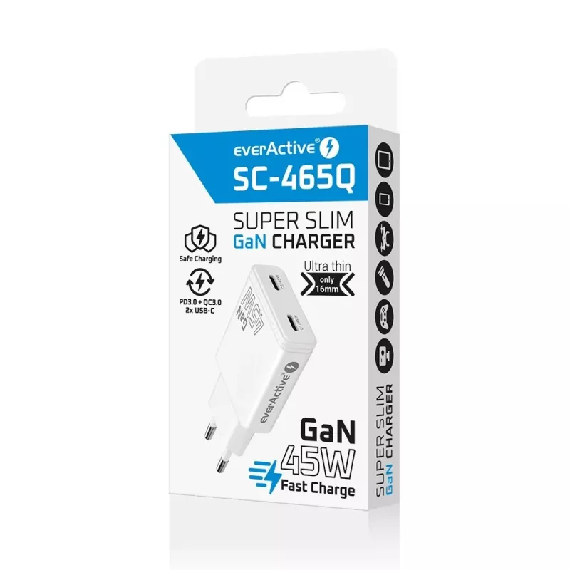 EVERACTIVE caricabatterie GaN 45W USB-C QC3.0 SC-465Q bianco