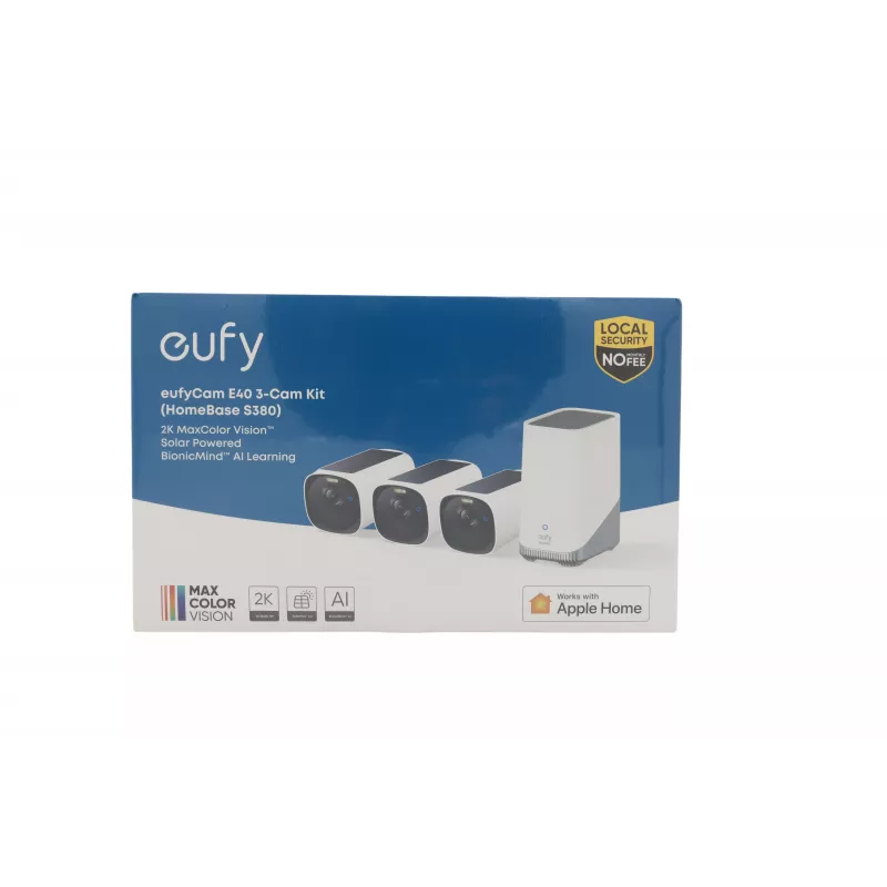 eufy Security eufyCam E40 Kit 3 telecamere con HomeBase 3, risoluzione 2K, wireless, IP65, visione notturna a colori, rilevamento IA, batteria 120 giorni