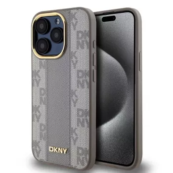 DKNY DKHMP15LPCPVSLE iPhone 15 Pro 6.1 beige custodia rigida pelle motivo scozzese Mono MagSafe