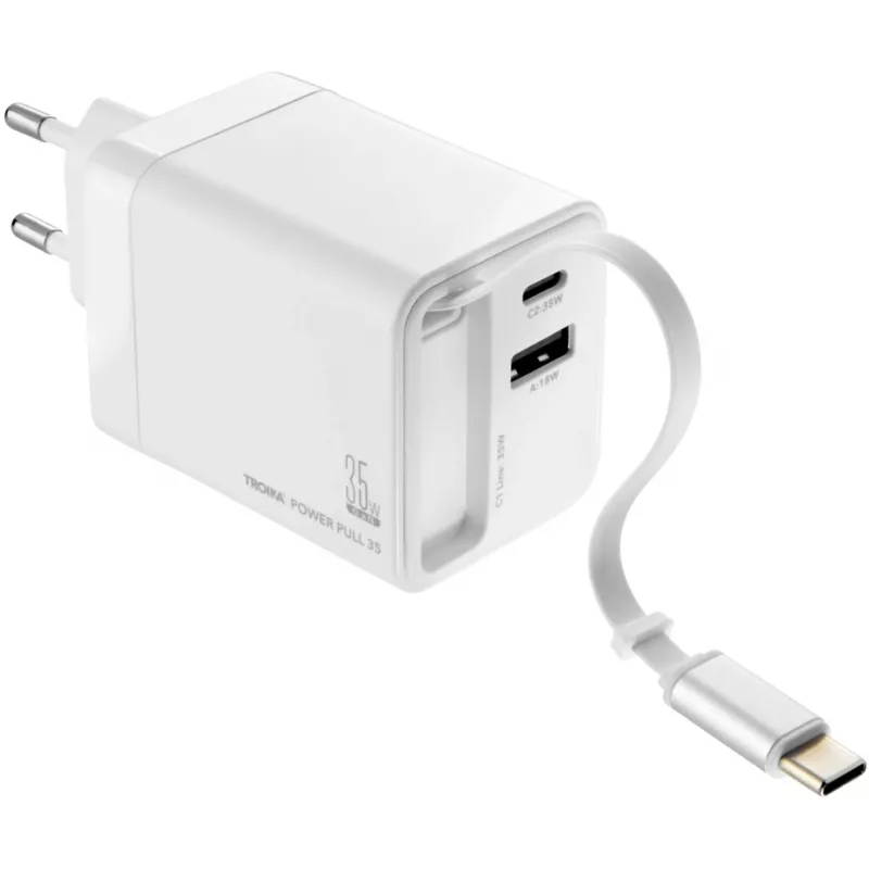 TROIKA POWER PULL 35 Caricabatterie da auto 35W USB-C PD e USB-A QC 3.0 bianco (CHA35/WH)