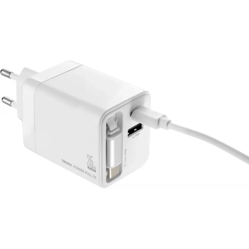 TROIKA POWER PULL 35 Caricabatterie da auto 35W USB-C PD e USB-A QC 3.0 bianco (CHA35/WH)