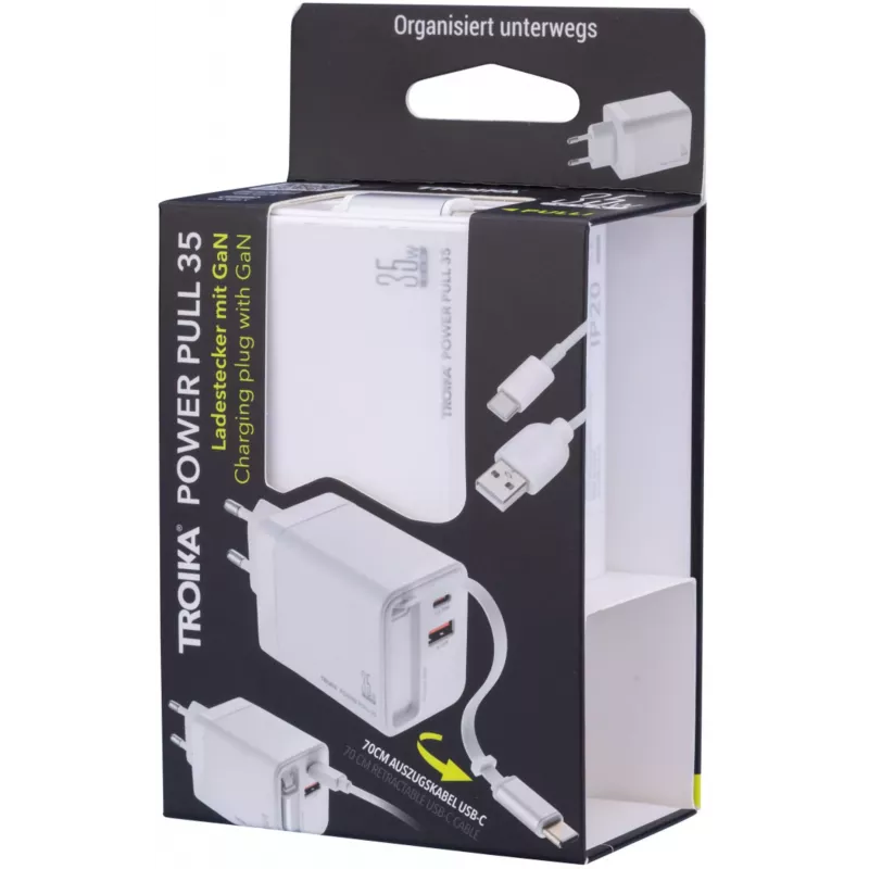 TROIKA POWER PULL 35 Caricabatterie da auto 35W USB-C PD e USB-A QC 3.0 bianco (CHA35/WH)