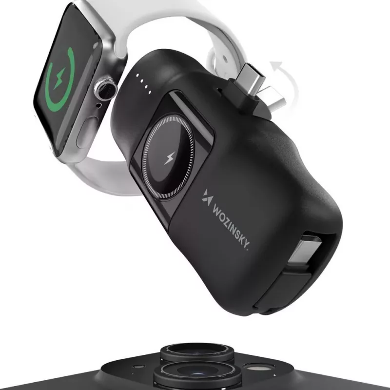 Mini powerbank Wozinsky WF16-YCS 5000mAh 15W USB-C con cavo USB-C integrato e caricabatterie Apple Watch - nero