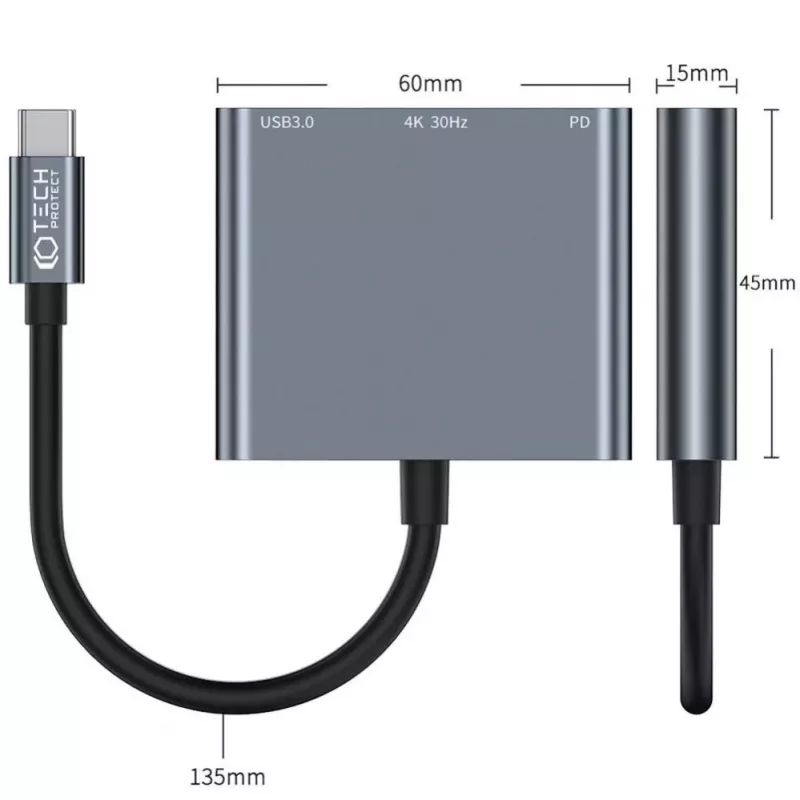 Tech-Protect V1 hub adattatore USB-C 3in1 - USB-A 3.0, USB-C PD 100W, HDMI 4K 30Hz - grigio