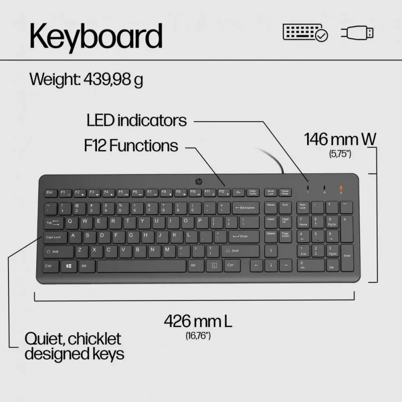 HP 150 set mouse e tastiera con filo - nero - QWERTY layout inglese US