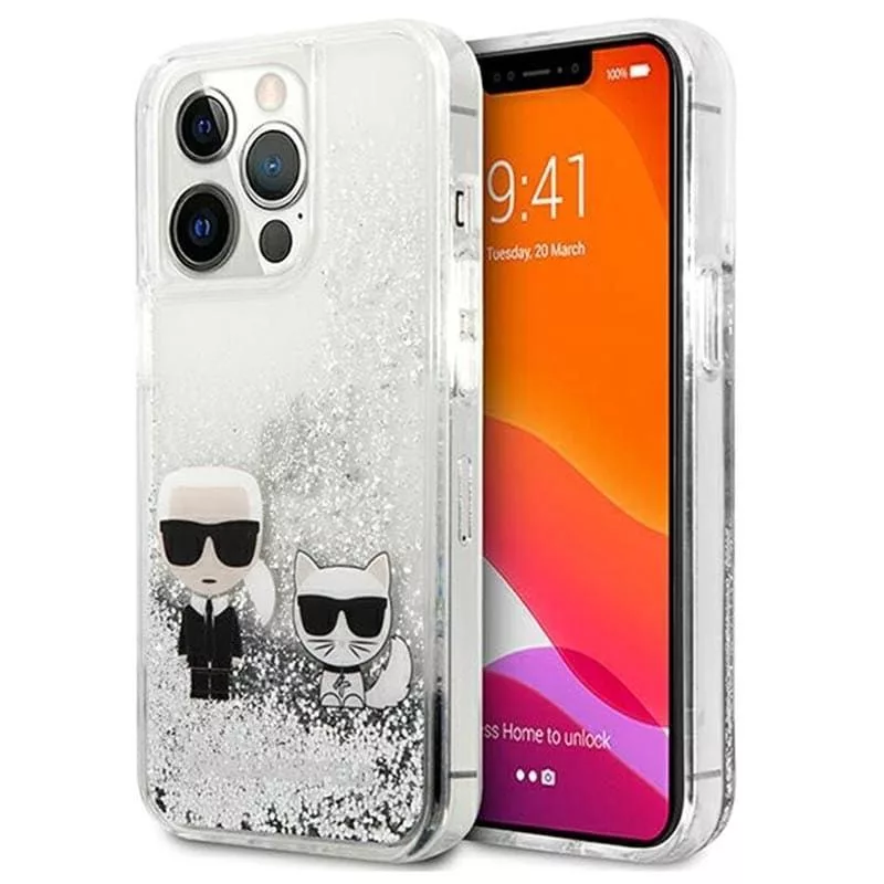 Karl Lagerfeld Apple iPhone 13 Pro custodia Liquid Glitter Choupette argento