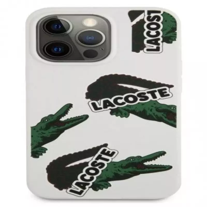 Lacoste Apple iPhone 13 Pro custodia in silicone liquido Allover Pattern bianca