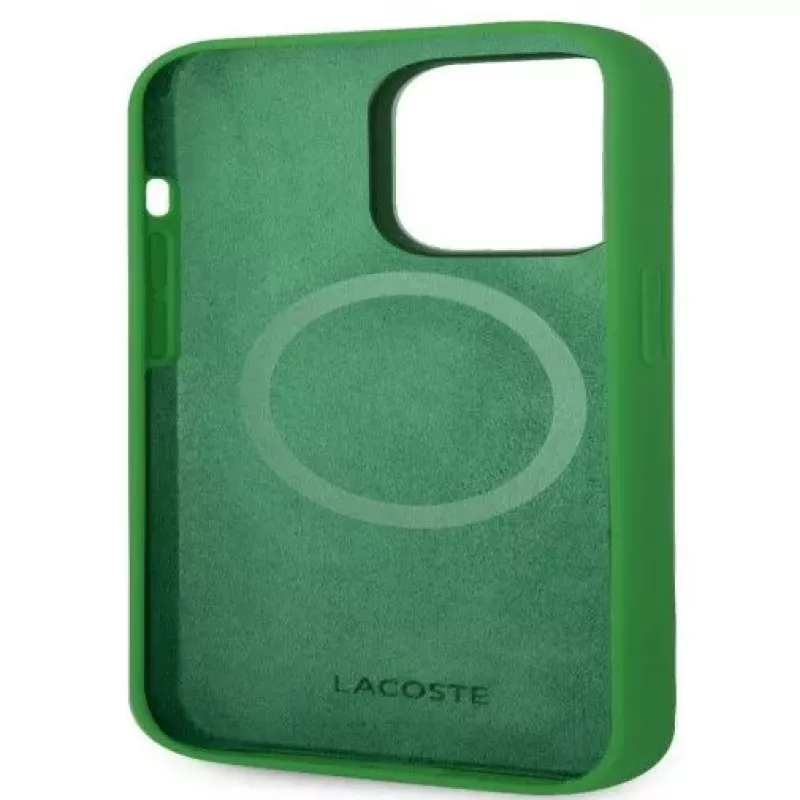 Lacoste Custodia posteriore in silicone liquido e microfibra per Apple iPhone 15 6.1 Croc Logo MagSafe verde