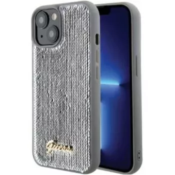 Guess Custodia rigida per iPhone 15 HC Sequin Script Metal Silver