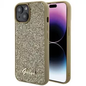 Guess Custodia posteriore per Apple iPhone 15 HC PU Disco Script Metal Gold