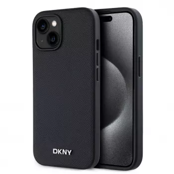 Custodia DKNY in pelle PU Silver Metal Logo MagSafe per iPhone 15 nero