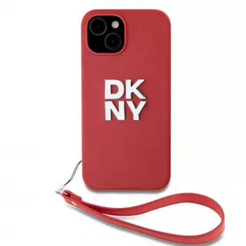DKNY PU Leather Stack Logo Wrist Strap Case per iPhone 15 rosso