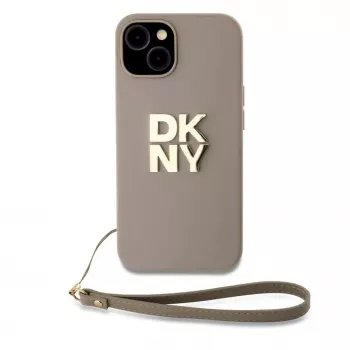 DKNY Apple DKNY PU Leather Stack Logo Wrist Strap Case per iPhone 15 beige