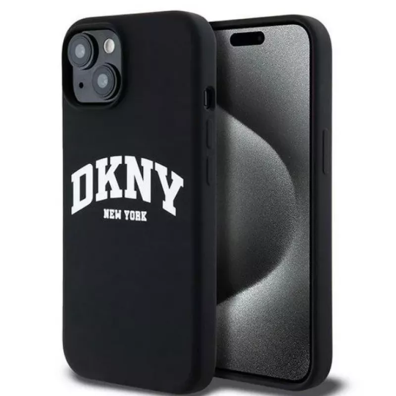 DKNY Apple iPhone 15 Hardcase Liquid Silicone White Printed Logo MagSafe nero