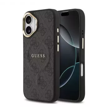 Guess Custodia MagSafe in pelle PU 4G Goldrahmen per Apple iPhone 17 nero