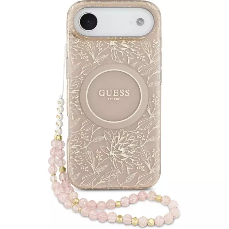 Guess Custodia in silicone con MagSafe Flowers Allover con cinturino perline per Apple iPhone 17 Air rosa