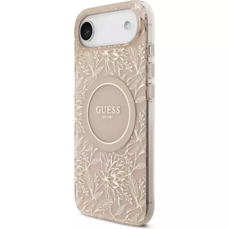 Guess Custodia in silicone con MagSafe Flowers Allover con cinturino perline per Apple iPhone 17 Air rosa
