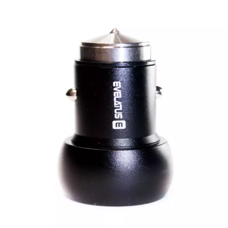 Evelatus EC7DC01 caricabatterie da auto 3.1A 2 porte USB con strumento di emergenza in acciaio inox nero