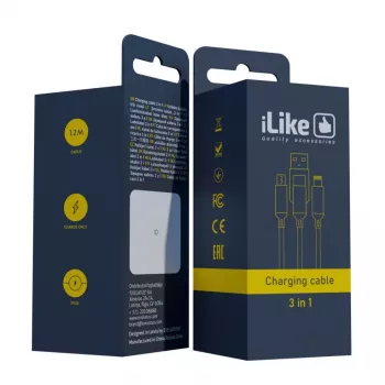 iLike Cavo di ricarica 3 in 1, USB-A a USB-C/Lightning/Micro USB, nylon intrecciato, 1,2 m, nero