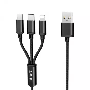 iLike Cavo di ricarica 3 in 1, USB-A a USB-C/Lightning/Micro USB, nylon intrecciato, 1,2 m, nero