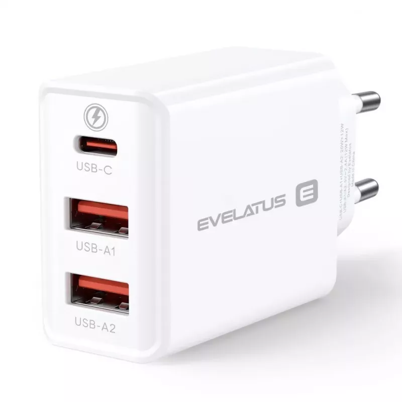 Evelatus ETC06 Caricabatterie da viaggio EU a parete 3 porte 32W USB-C / USB-A2 bianco