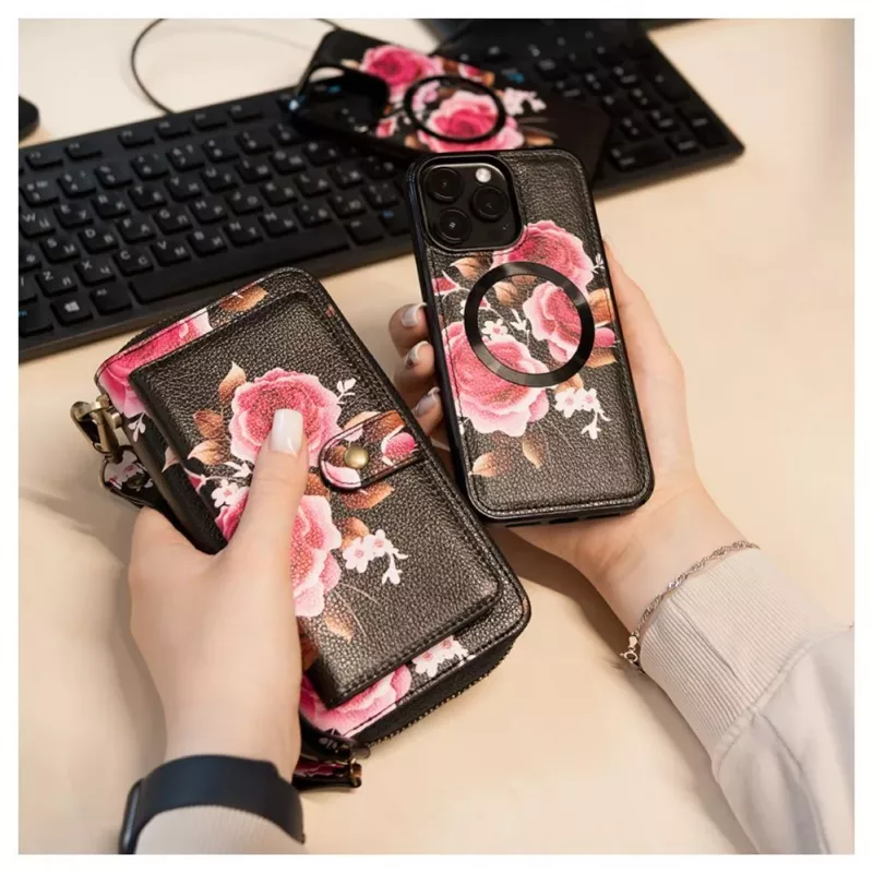 Evelatus Portafoglio universale con zip design floreale nero