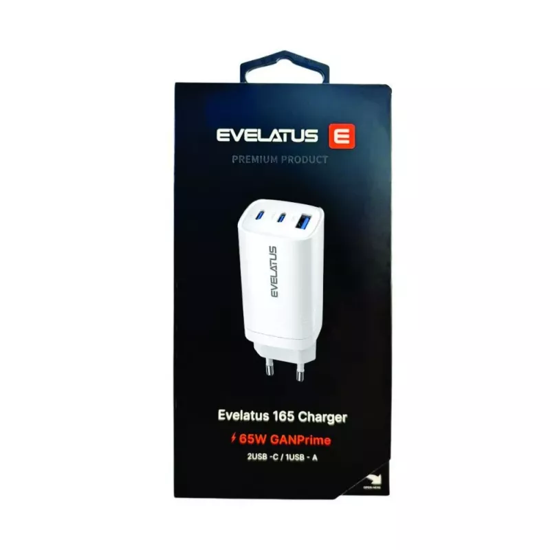 Evelatus Caricabatterie rapido 65W Max EU USB-C1/USB-C1/USB-A bianco