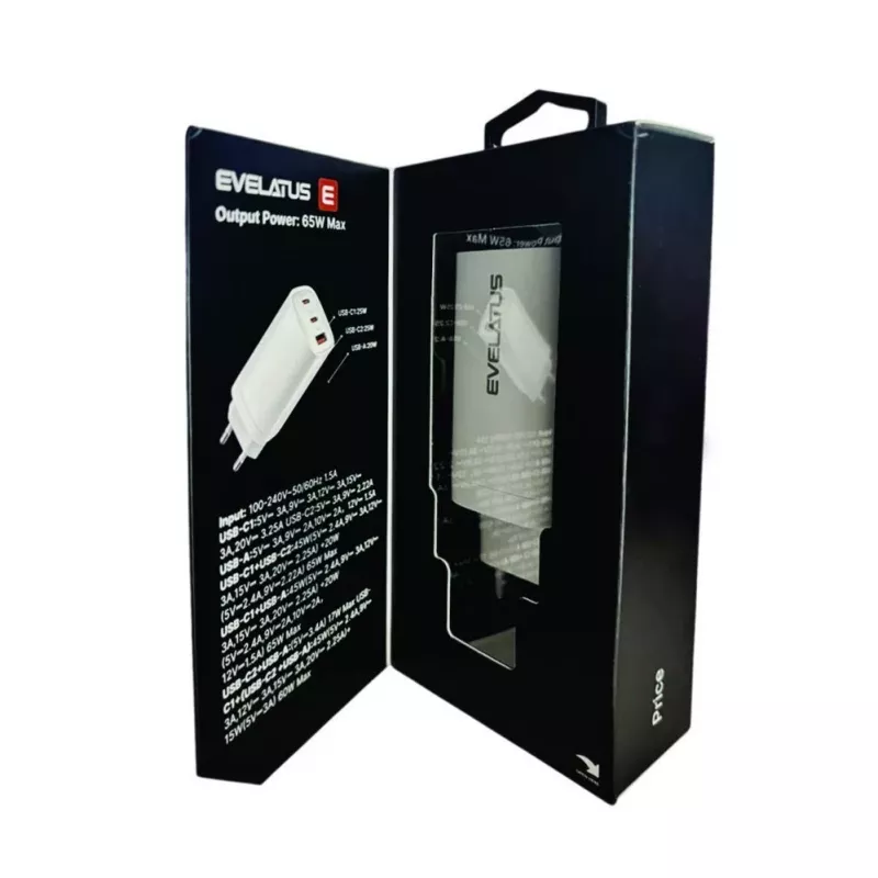Evelatus Caricabatterie rapido 65W Max EU USB-C1/USB-C1/USB-A bianco