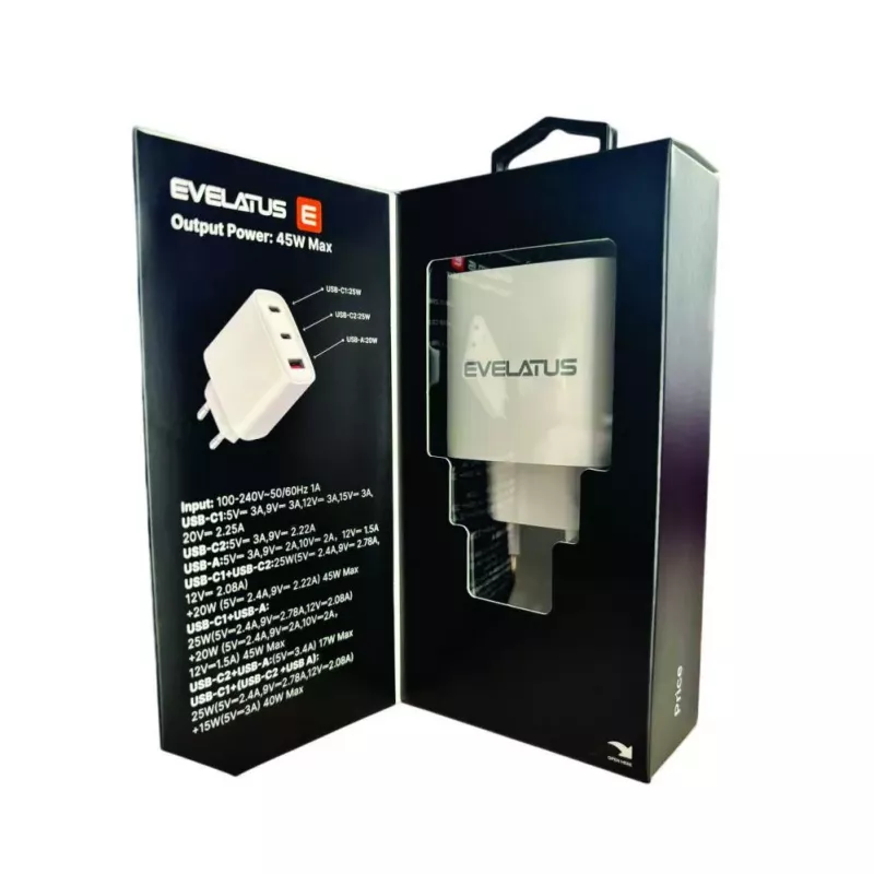 Evelatus Caricabatterie rapido 45W Max EU USB-C1/USB-C1/USB-A - RCE-4501ACCL bianco