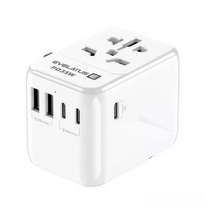 EVELATUS Adattatore da viaggio universale 35W con 1 PD USB-C, 2 USB-C, 2 USB-A, bianco