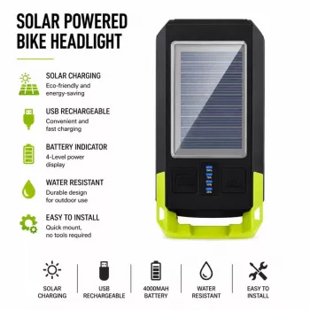 iLike Solar Powered Bike Headlight con clacson 120dB, ricaricabile USB, luce anteriore LED per bici 1000LM, batteria 4000mAh, luce di emergenza