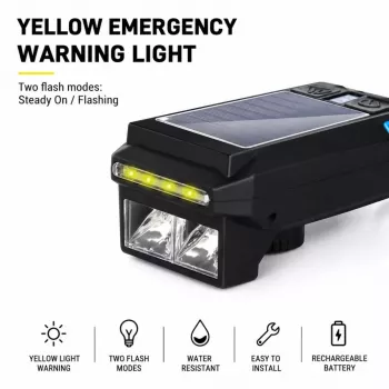 iLike Solar Powered Bike Headlight con clacson 120dB, ricaricabile USB, luce anteriore LED per bici 1000LM, batteria 4000mAh, luce di emergenza