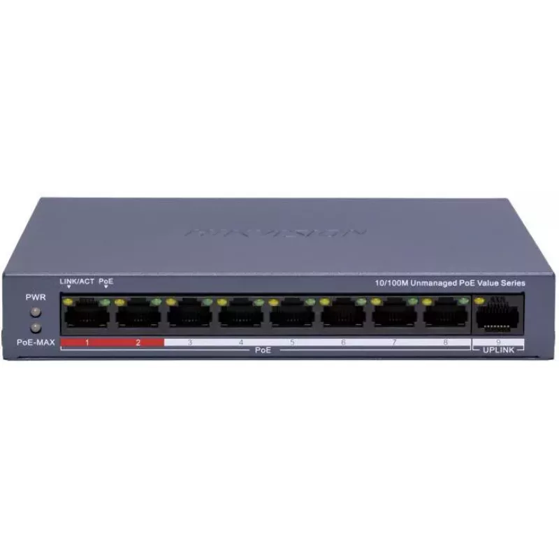 Hikvision DS-3E0109P-E/M(C) switch PoE Fast Ethernet 9 porte, 8 porte PoE, budget 65W, unmanaged