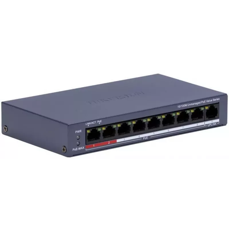 Hikvision DS-3E0109P-E/M(C) switch PoE Fast Ethernet 9 porte, 8 porte PoE, budget 65W, unmanaged