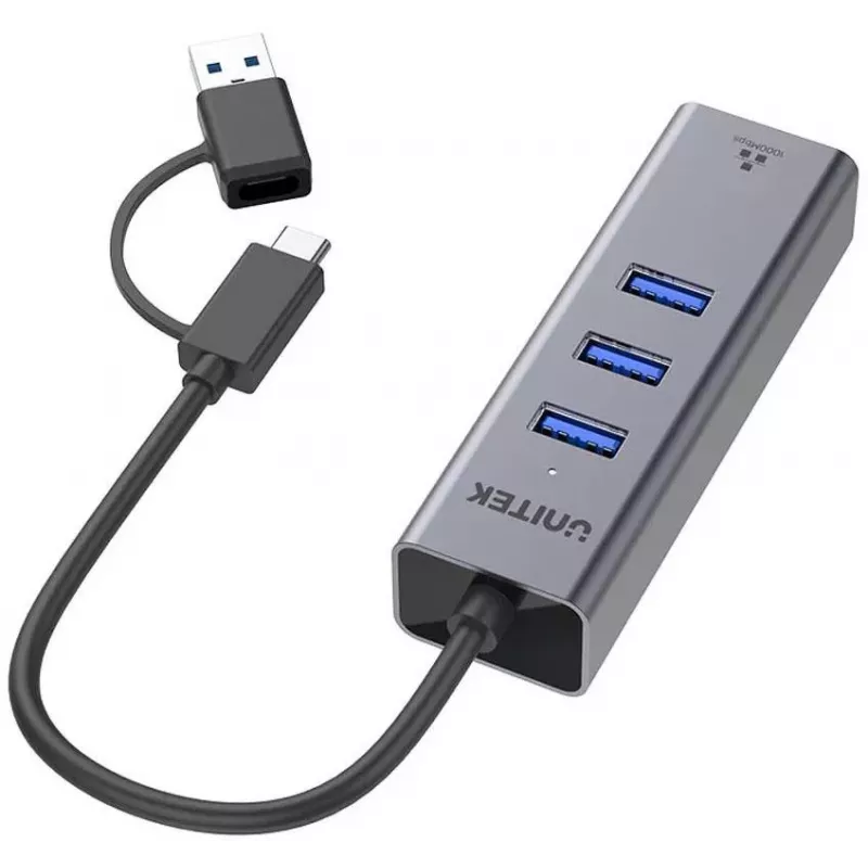 UNITEK hub USB-C 4-in-1 Ethernet 3 x USB-A 5 Gbps con adattatore USB-A