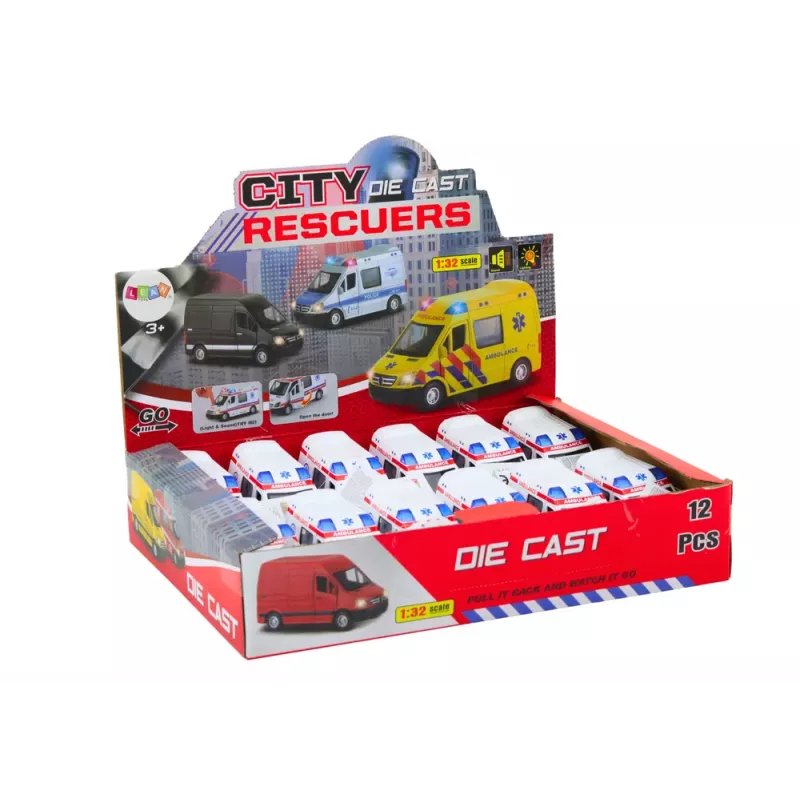 LEAN TOYS Ambulanza 1:32 con porte apribili, luce, suono, frizione, bianco