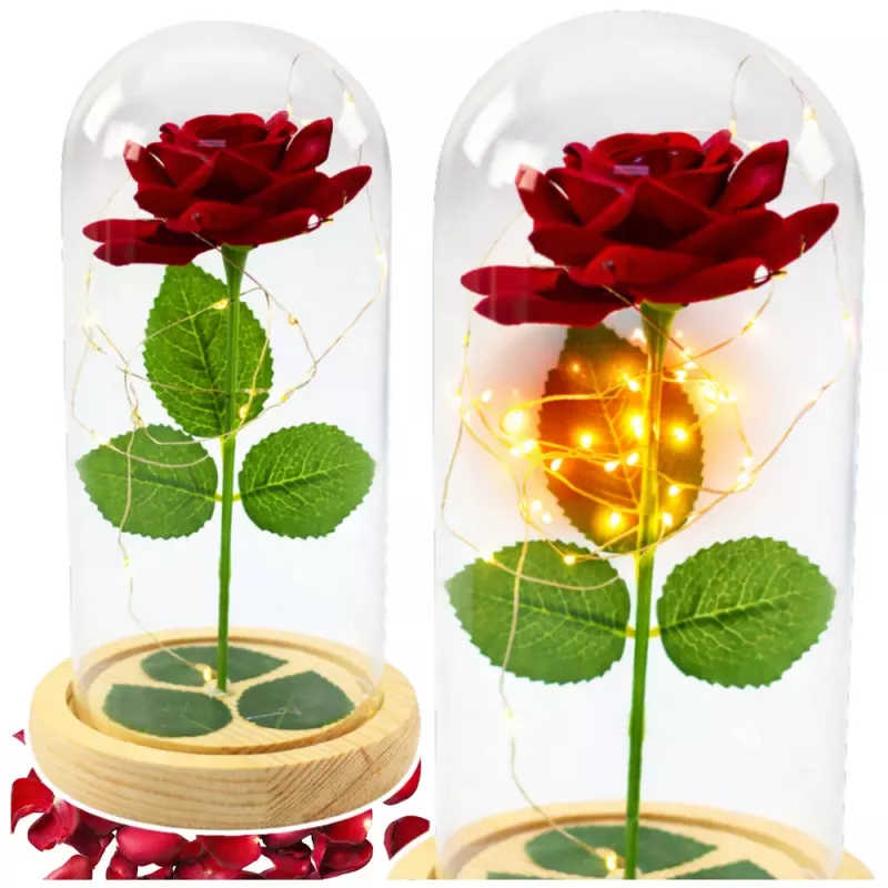 LEAN Rosa eterna in campana di vetro illuminazione LED rossa 21x11cm