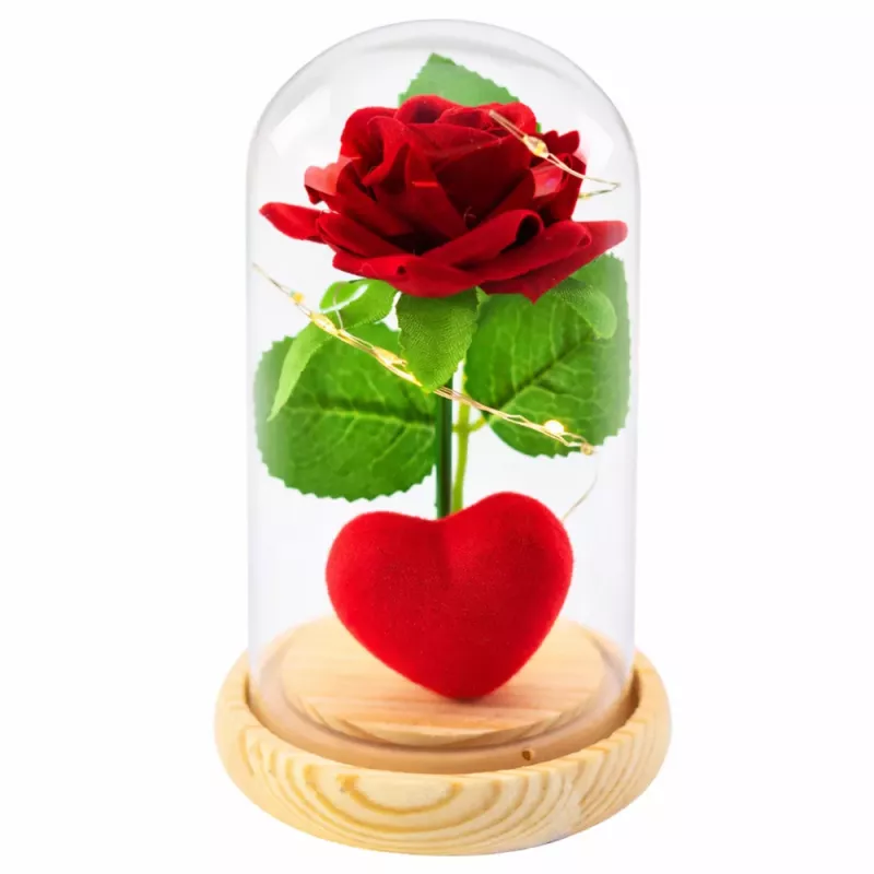 LEAN Rosa eterna in campana con illuminazione LED rossa con cuore 14x8cm