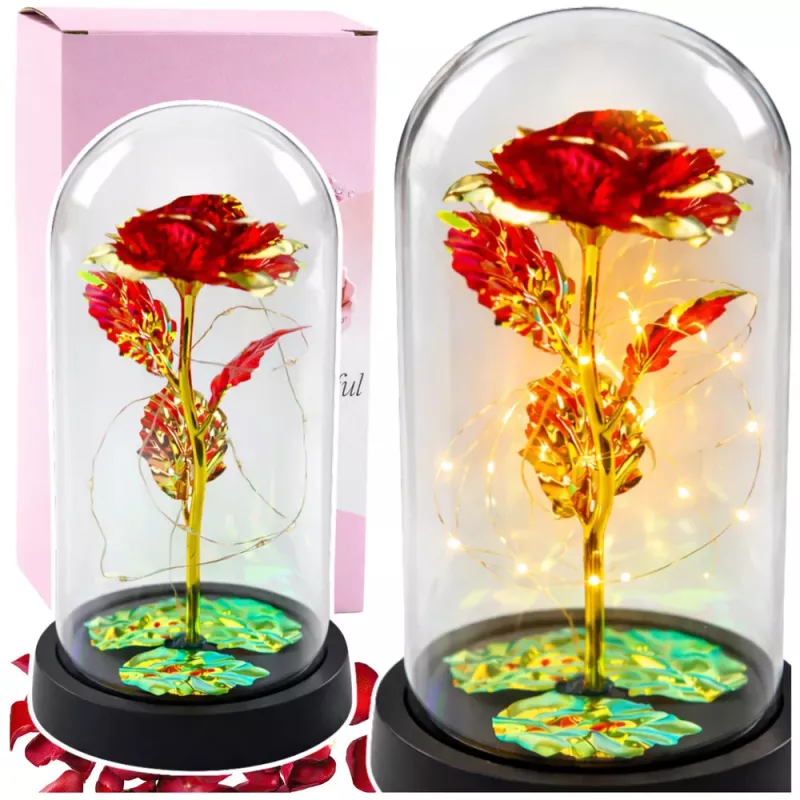 LEAN Rosa eterna in cristallo in campana con illuminazione LED rossa 21x11cm