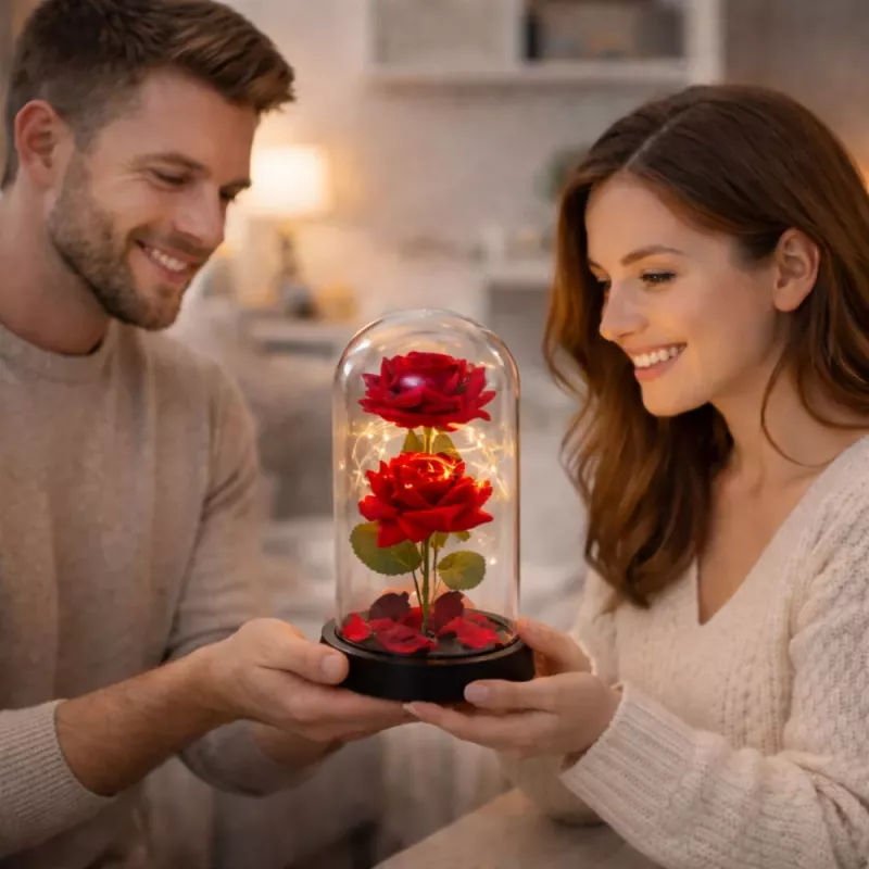 LEAN 2 rose eterne in campana con illuminazione LED e petali di rosa rosse 21x11cm